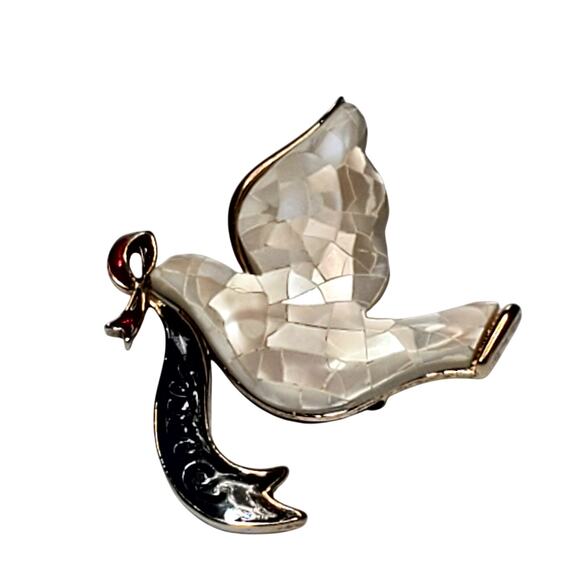 LC Liz Claiborne Mosaic Mother Of Pearl Dove Of Peace Bird Pin Brooch Vtg Signed - Picture 1 of 5